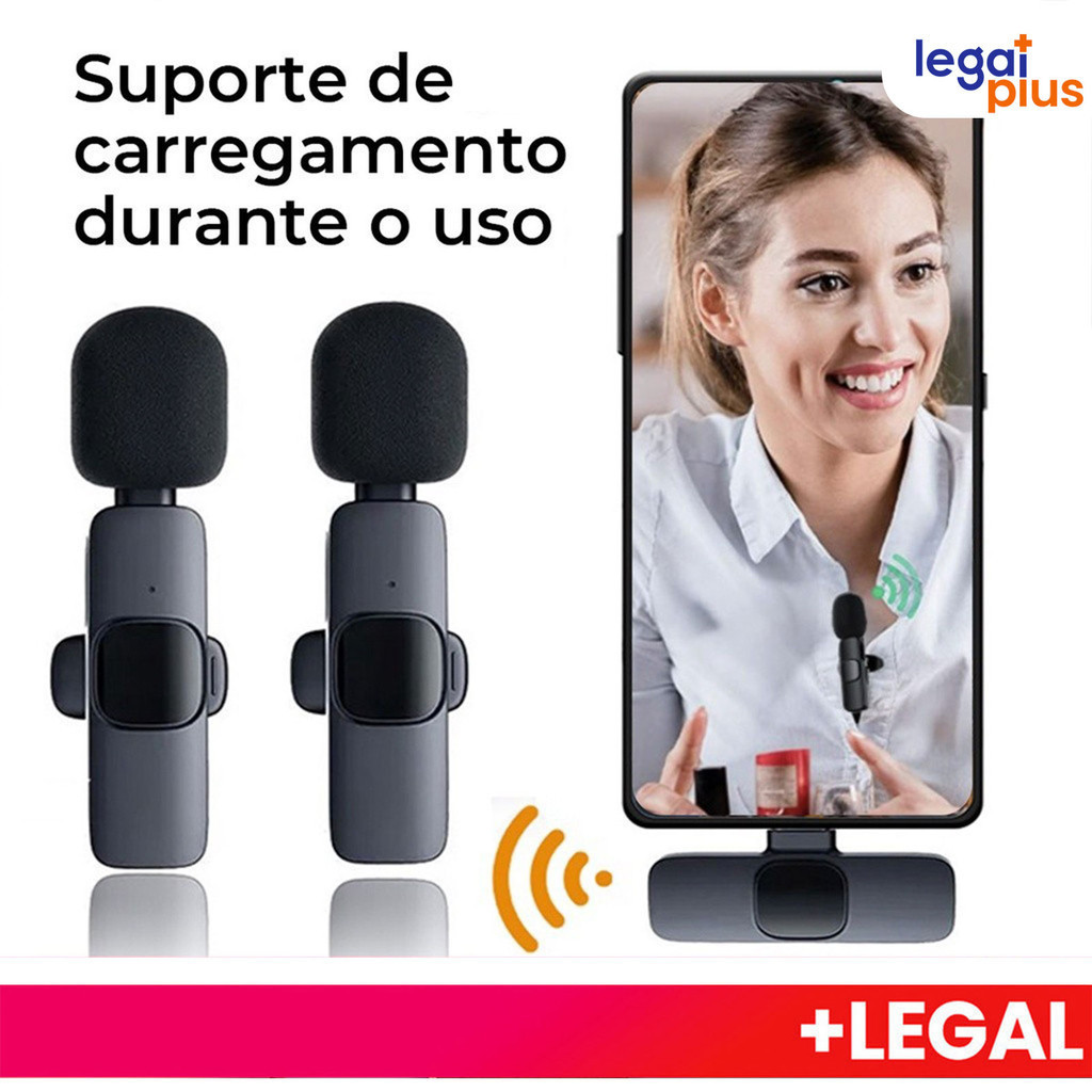 Microfone de Lapela Sem Fio K9 Vlog Compatível Tipo C e iPhone