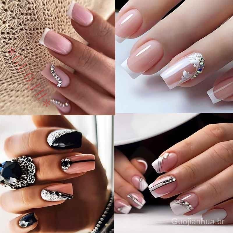 GUOJH 24 Peças unha postiça realista decorada curta naturais nus francesinha com cola Pregos Falsos
