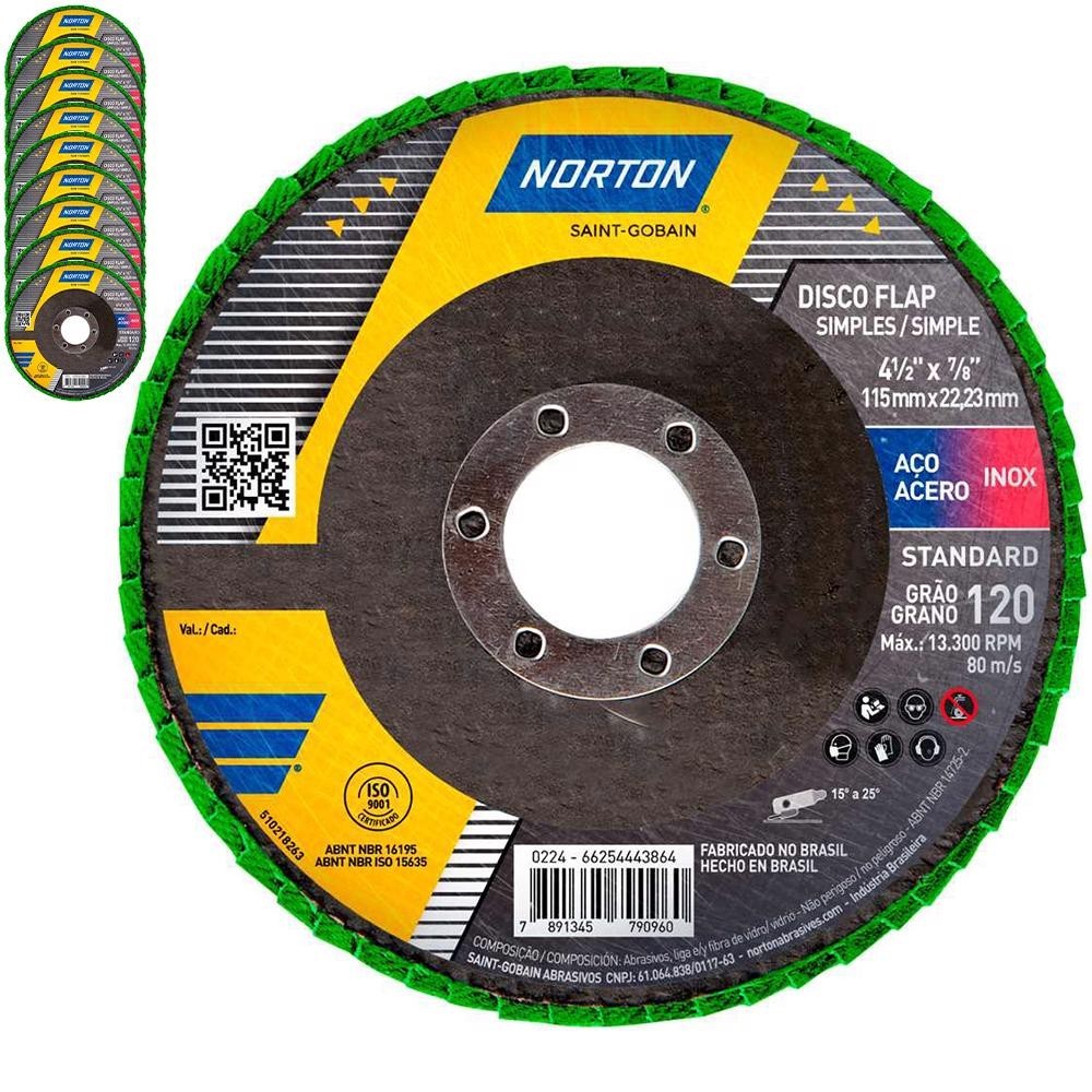 Disco Flap 4.1/2 POL Grão 120 Standard Com 10 Unidades NORTON - Home & Living