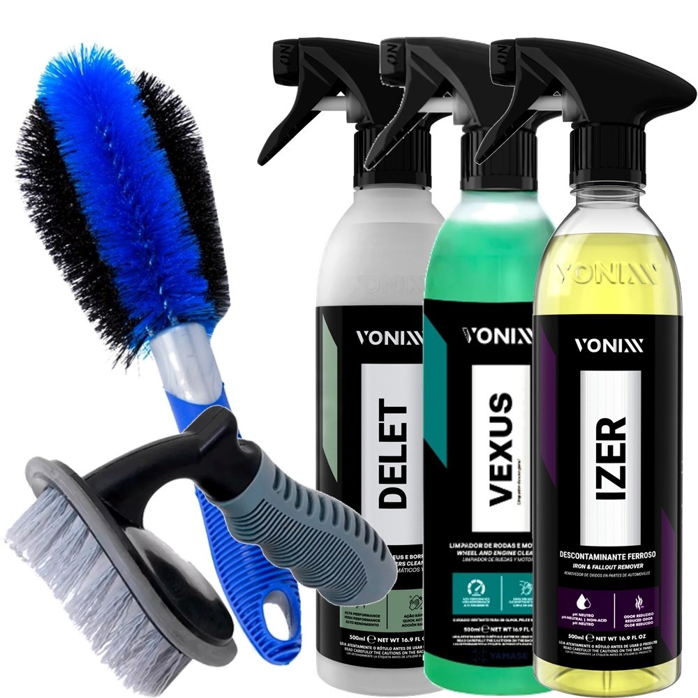 Kit Tratamento de Rodas Carro e Moto Vonixx Delet Limpador Vexus Descontaminante Izer Escova Furo de Rodas e Pneu Karbox