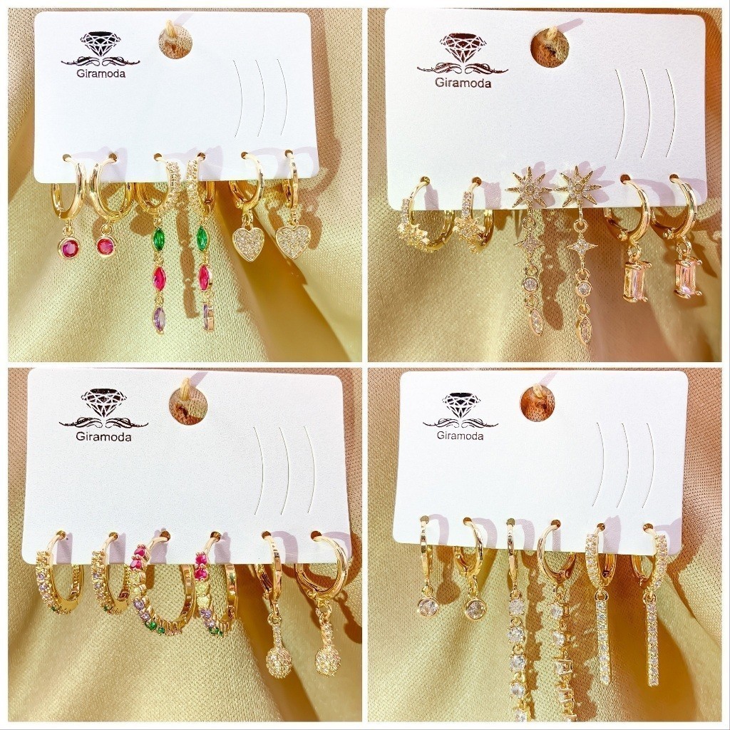 Kit 3 Pares brincos cravejado pedra de zirconia argolinha pingente folheados a ouro18k e prata 925