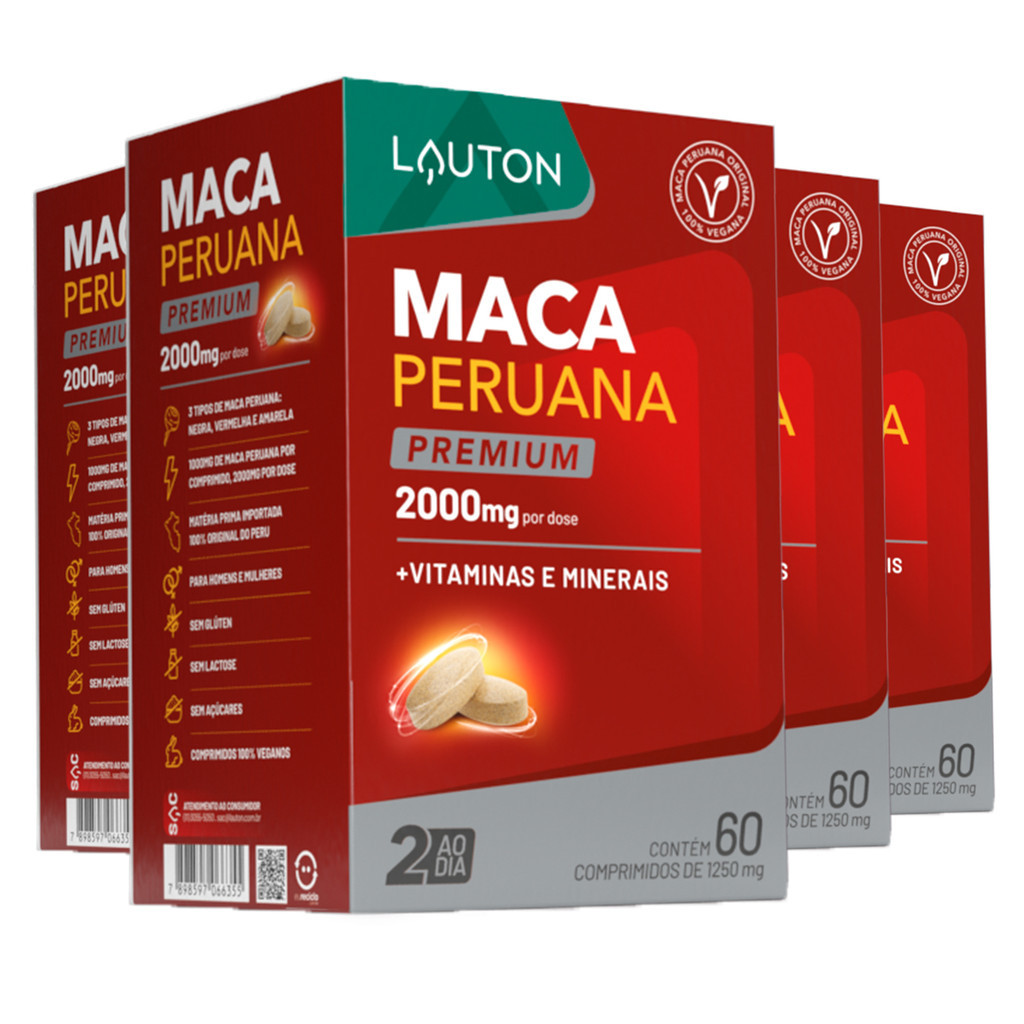 Kit 4x Maca Peruana 2000mg Lauton Vitiminas e Minerais 60 Comp 