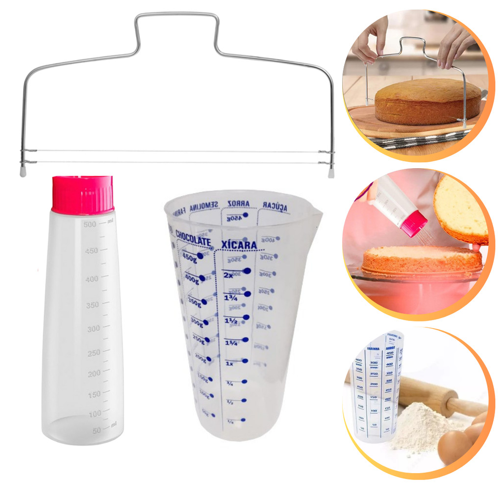 Kit Bisnaga Umedecer Bolo +  Cortador Fatiador Nivelador +  Copo Medidor 500ML em Oferta na Shopee