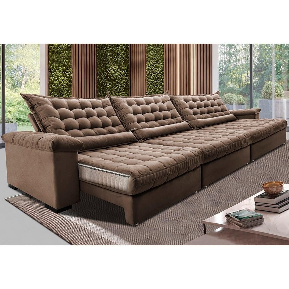Sofá Retrátil e Reclinável 4,15m Molas Ensacadas Cama inBox Big Space com Bordado 3D Velusoft Castor em Oferta na Shopee