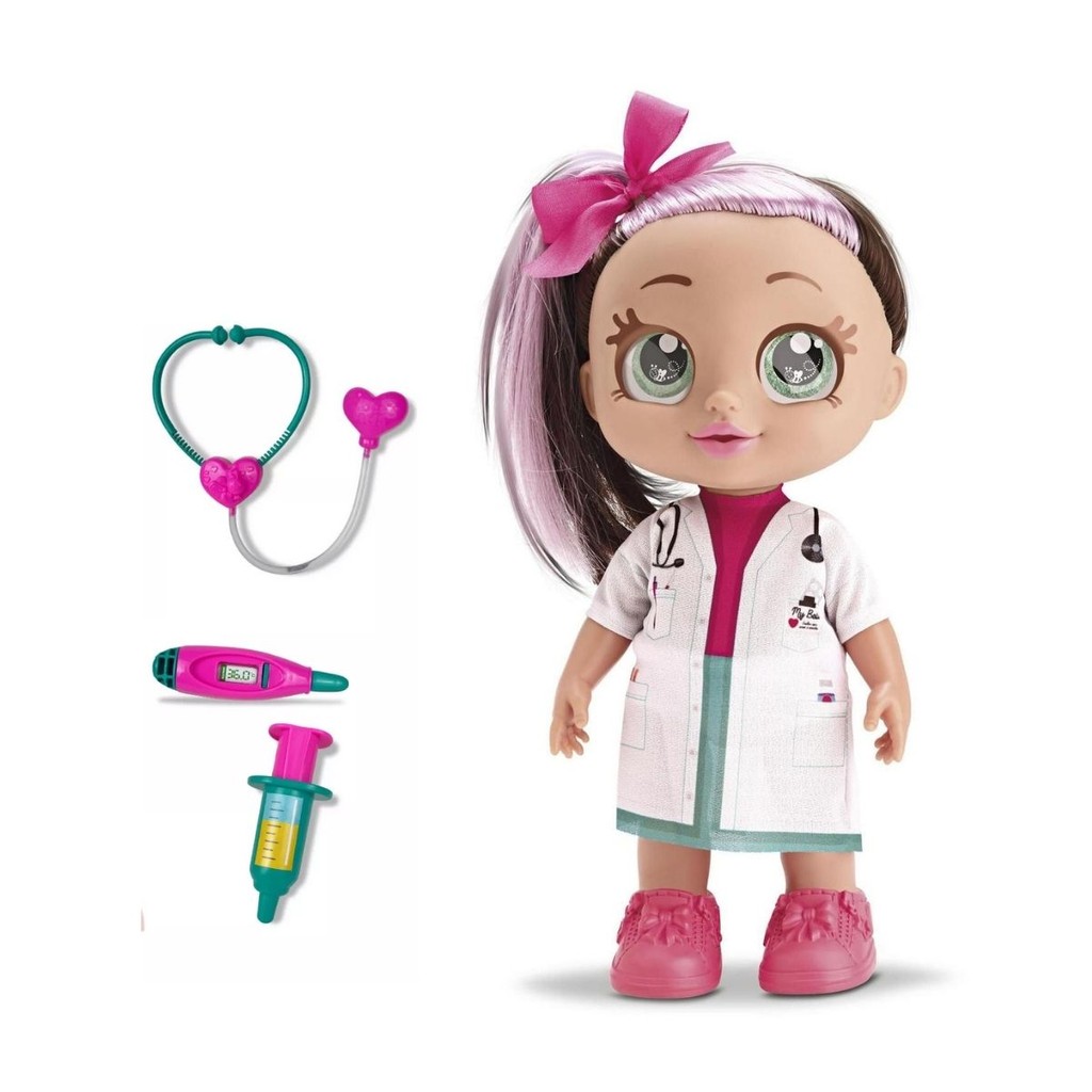 Boneca Médica Em Vinil Macio Articulada 27cm C/ Estetoscópio Termômetro Caixa De Ambulância Brinquedo Educativo - Bee
