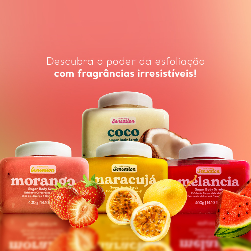 Esfoliante Corporal Sugar Body Scrub Sensation 400g - Morango Melancia Coco e Maracujá em Oferta na Shopee