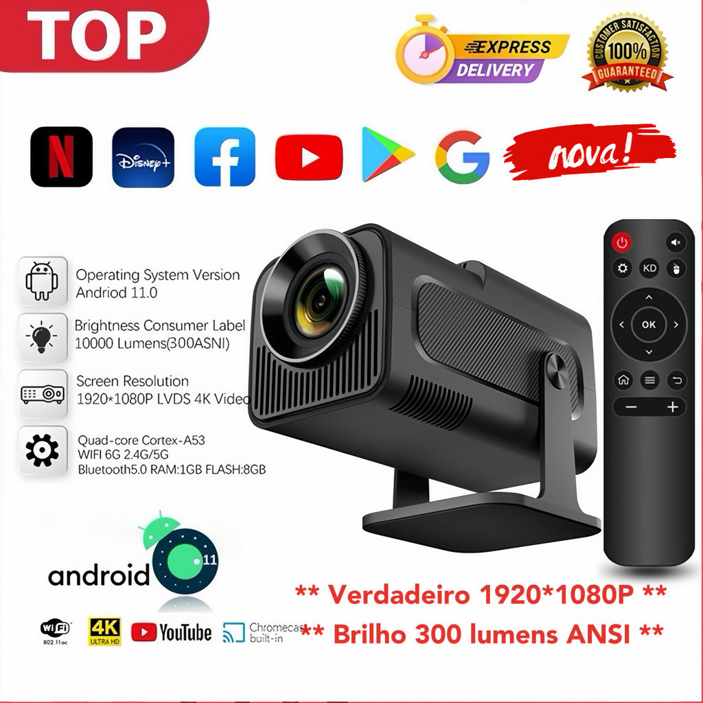 Projetor Smart Mini HY 320 Original Android 13.0 Full 4K HD Bluetooth Wi-Fi 6.0 (Branco/Preto)