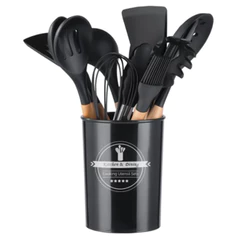 Jogo de Cozinha Kit C/12 Peças Utensílios de Cozinha em Silicone e Cabo de Madeira Antiaderentes