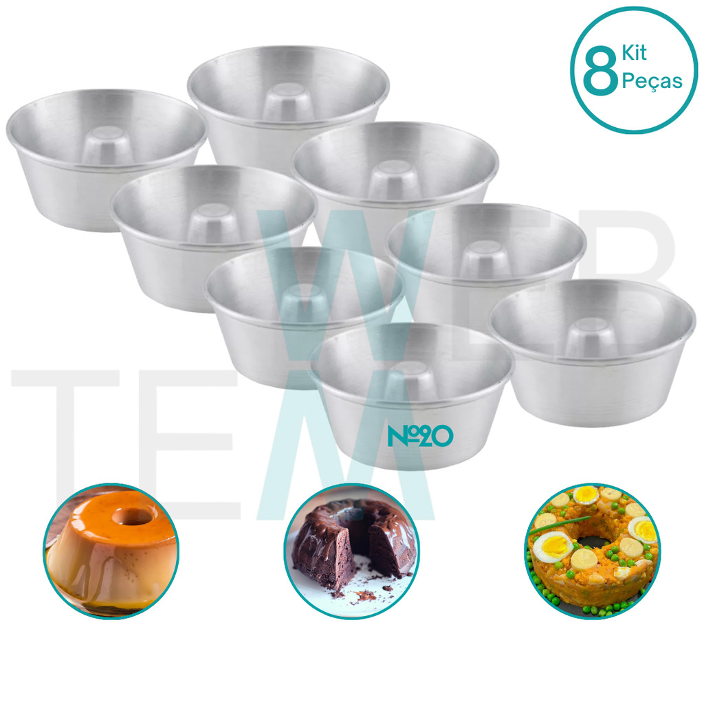 Kit 8 Formas de Pudim 8x20cm de Alumínio Sustentável para Bolos com Furo, Cuscuz, Pudim, Manjar, Brigadeirão e Sobremesas, Cozimento Uniforme, Fácil Limpeza e Durabilidade, Ideal para Cozinhas Residenciais e Profissionais