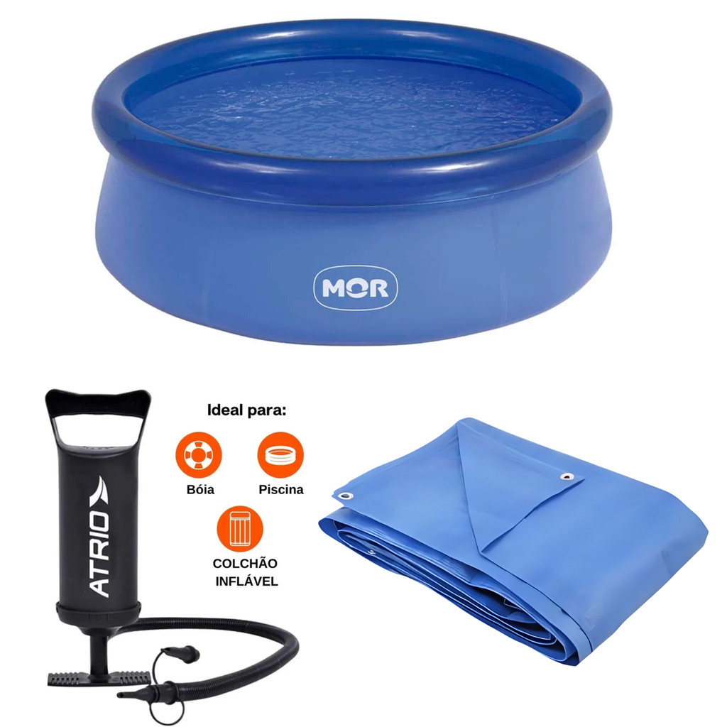Piscina Borda Inflável PVC 4600 Litros Com Kit Reparo e Bomba de Ar para Inflar e Desinflar 2 bicos e Lona 4x4 Azul em Oferta na Shopee