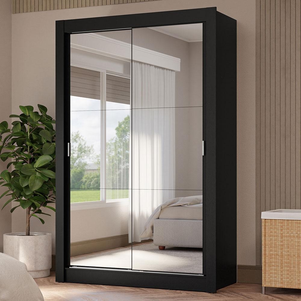 Guarda-Roupa Solteiro 2 Portas de Correr com Espelhos 4 Gavetas Preto Vivare Plus Madesa em Oferta na Shopee