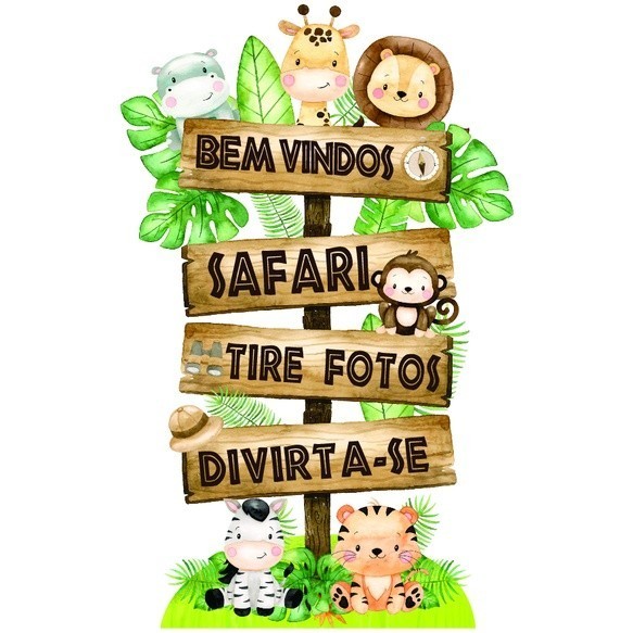 Display mdf de chão Placa Seta Indicadora Bem Vindos Safari Aquarela 1 pça 60cm