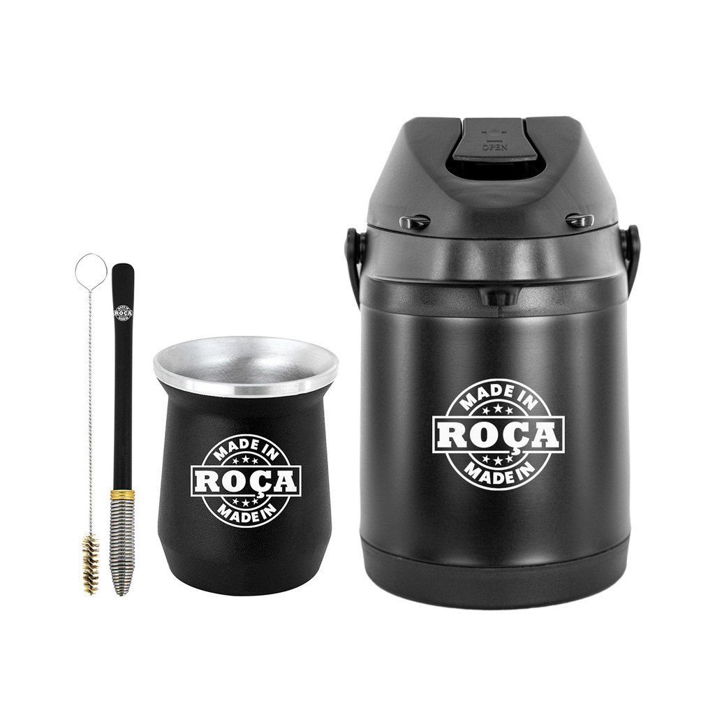Kit Tereré Garrafa Preta Térmica 2.5l Bomba Mola Cônica Copo Cuia Alumínio Preto