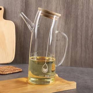 Galheteiro De Vidro Curvo 600ml Com Bico Para Azeite Vinagre Tampa De Bambu