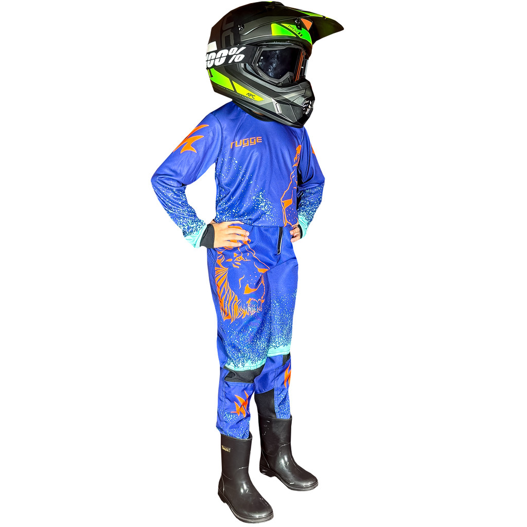 CONJUNTO ROUPA FARDA INFANTIL MOTOCROSS TRILHA OFF-ROAD AZUL LARANJA