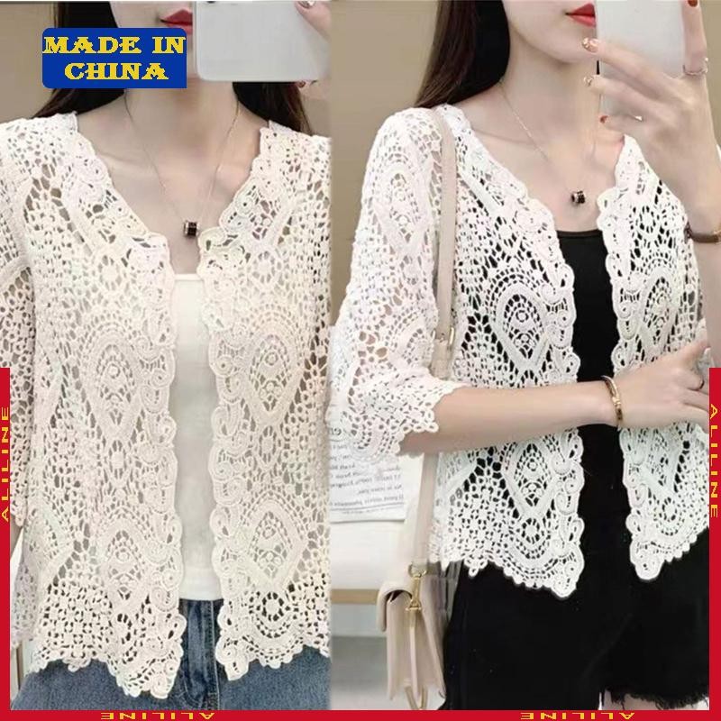 Malha Renda Encolher Oco Crochê Floral 3 4 Mangas Frente Aberta Cropped Cardigan Elegante Suéter Cov