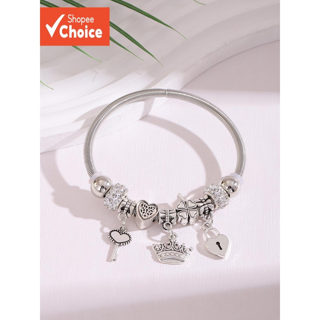 1PC Strass Bola Coração Trevo Chave Bloqueio Coroa Pulseira De Aço Inoxidável Para Meninas...