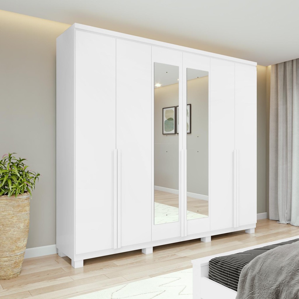Guarda-Roupa Casal Alonzo 6 Portas 4 Gavetas Com Espelho e Pés Branco em Oferta na Shopee