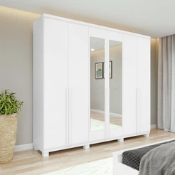 Guarda-Roupa Casal Alonzo 6 Portas 4 Gavetas Com Espelho e Pés Branco
