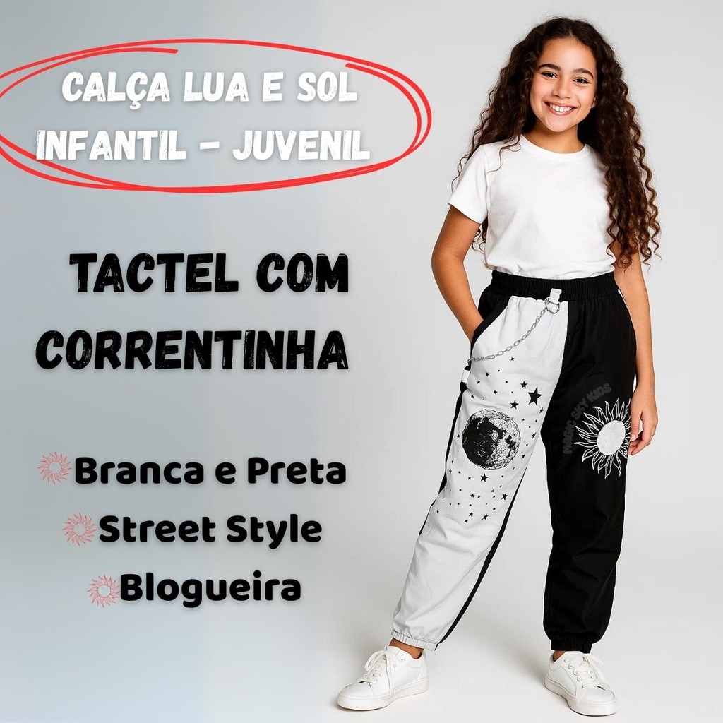 Calça Jogger Juvenil Infantil Sol e Lua com Correntinha Branca e Preta Menina