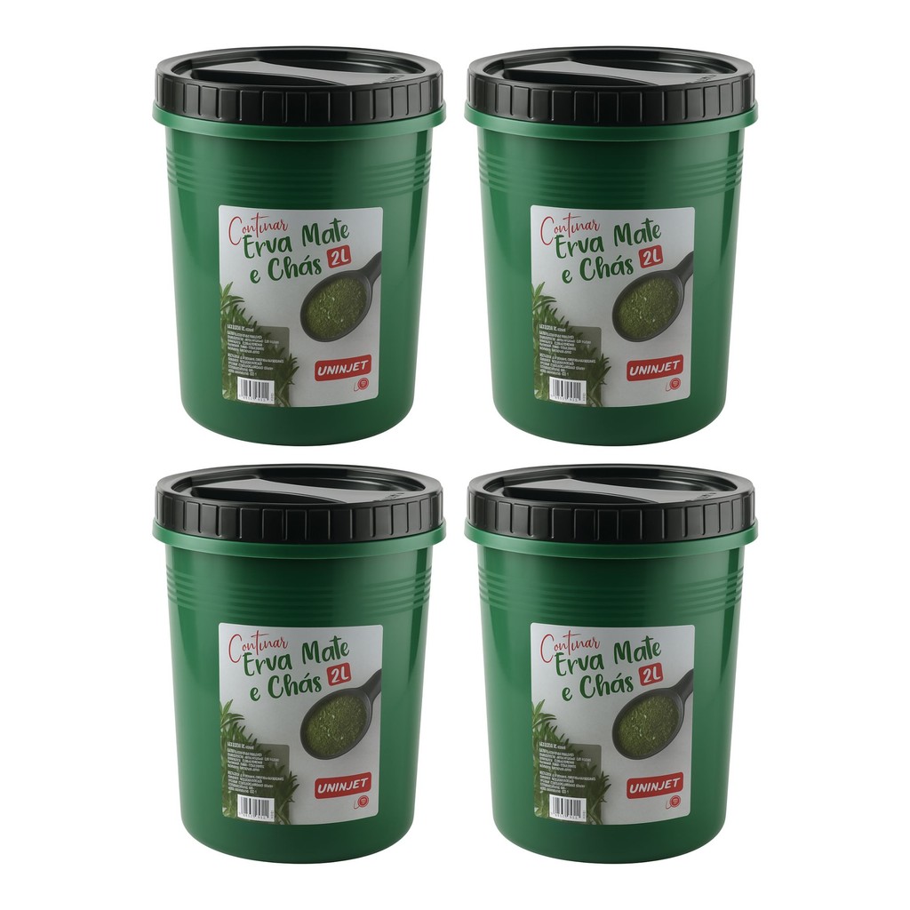 Kit 4 Pote Plástico 2L para Erva-Mate e Chás Tampa Rosca, Cor Verde