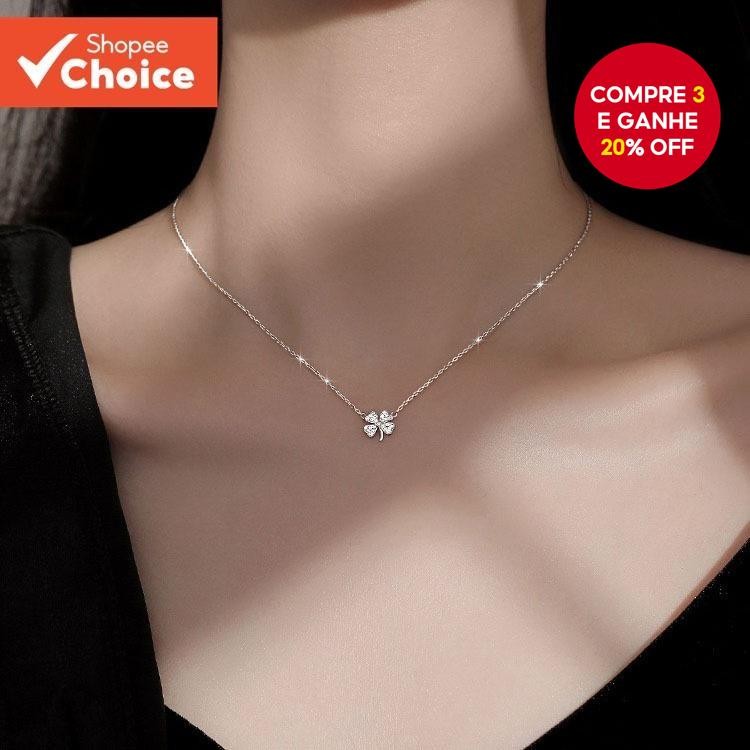 Colar De Trevo De Quatro Folhas Prateado Para Mulheres Strass Minimalista Corrente De Clav...