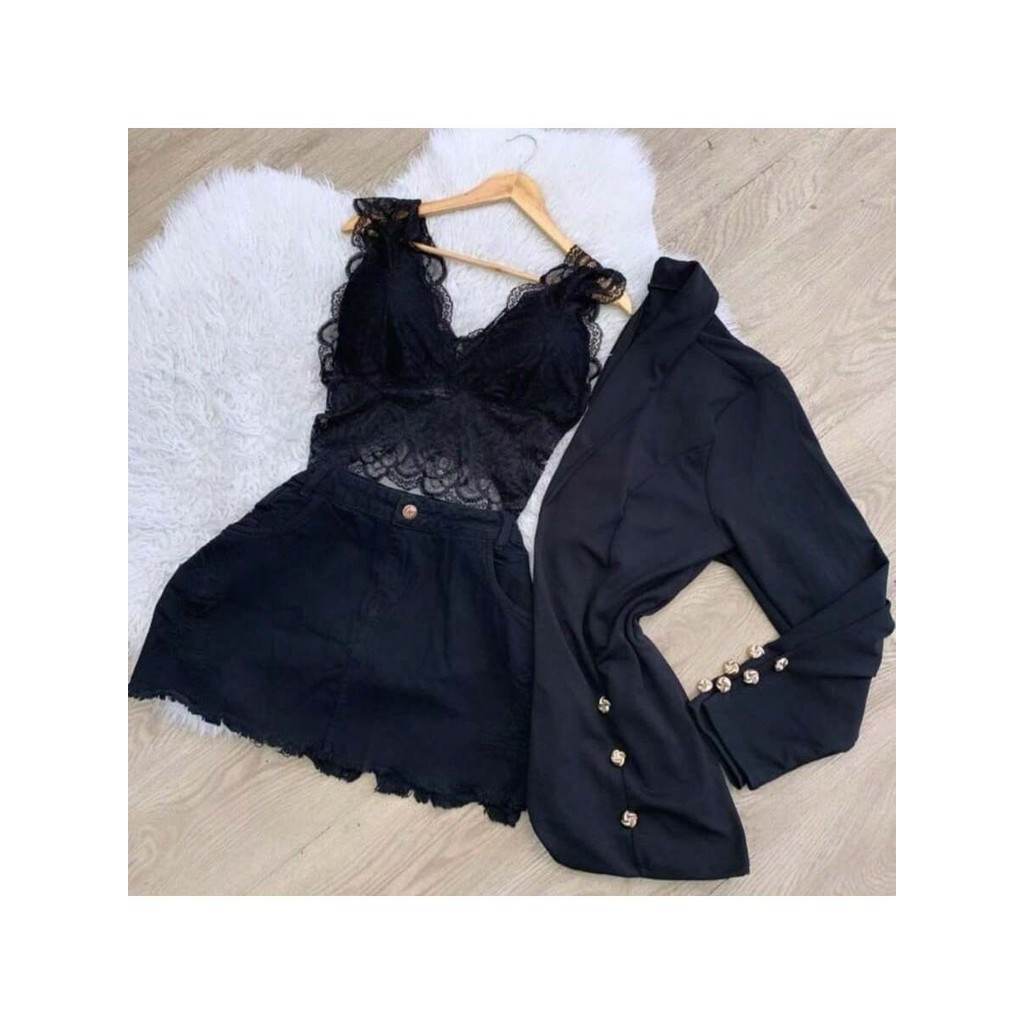 Conjunto Blazer + Cropped Renda  + Saia Preta Jeans Plus Size