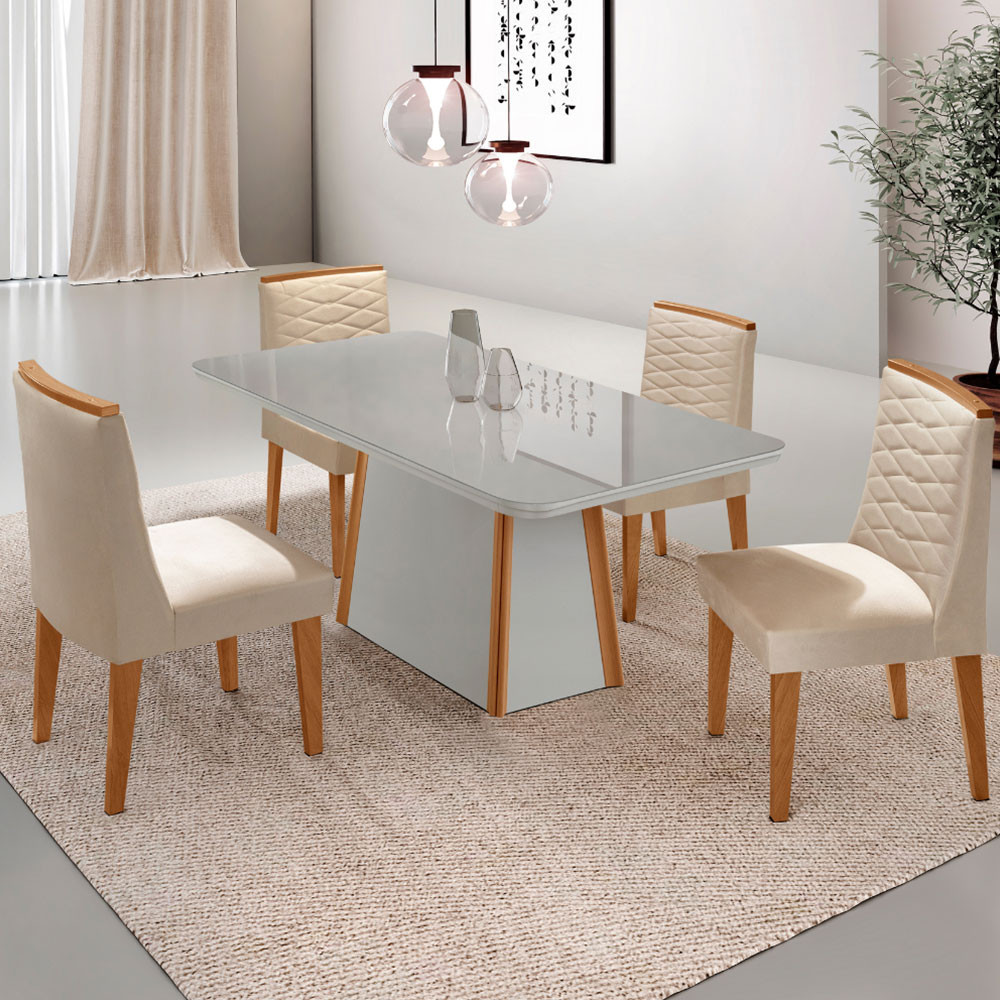 Mesa de Jantar Diane 120cm Tampo MDF Vidro com 4 Cadeiras Eloise Moderna Mobília