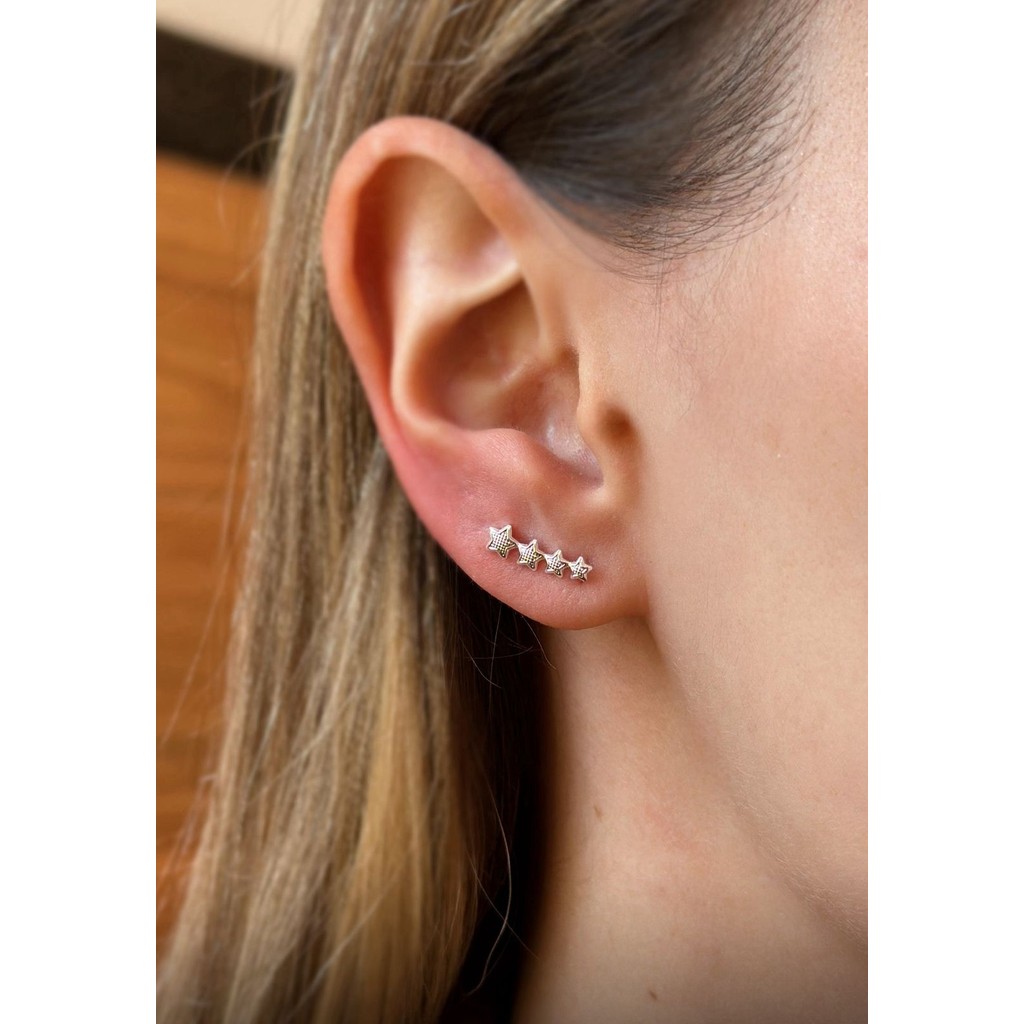 Brincos earcuff e earhook estrela semi joia prata 925 e ouro 18k