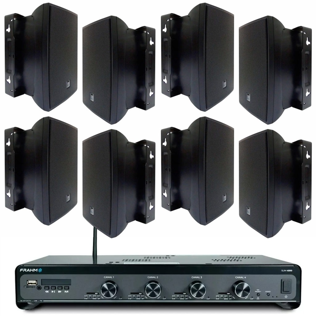 Kit Amplificador Frahm Slim 4500 G5 BT USB SD AUX 480W + 8 Caixas Acústicas JBL C521P 40W Preta