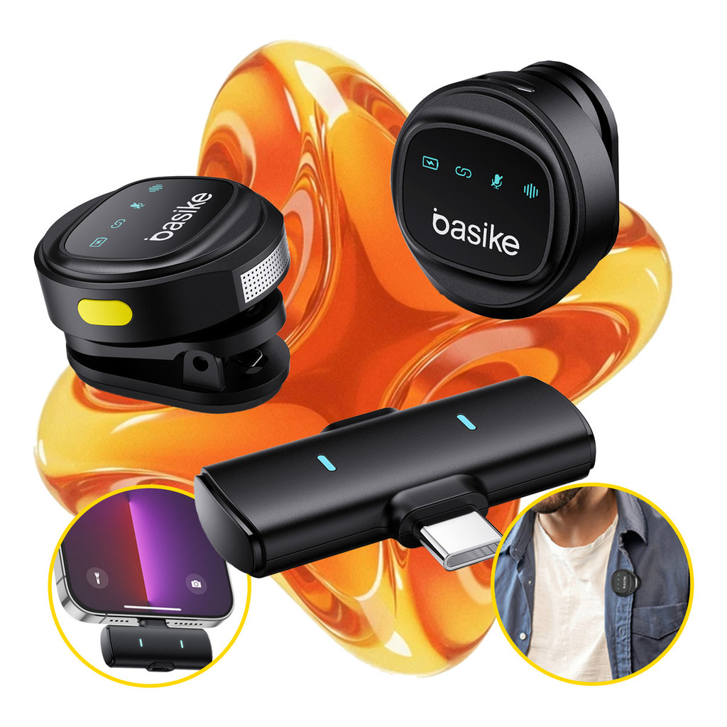 Microfone De Lapela Redondo Sem Fio Duplo Preto Para Gravação de Video Com Clipe Magnético