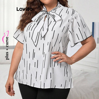 (Trendy) Lovito Blusa plus size elegante geométrica com amarração frontal para mulheres LBL20083 em Oferta na Shopee