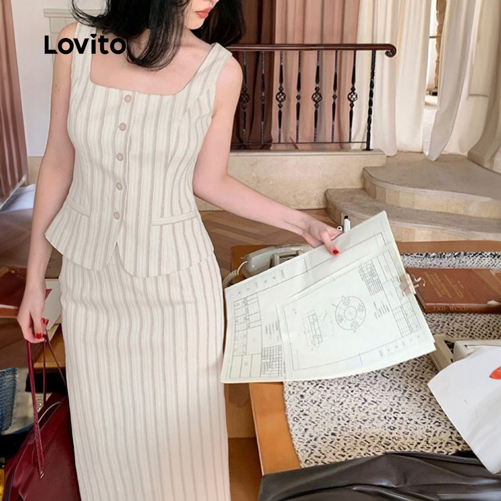 (Trendy) Lovito Conjuntos Casuais De Saia Geométrica Lisa Para Mulheres L133ED040 - Women Clothes