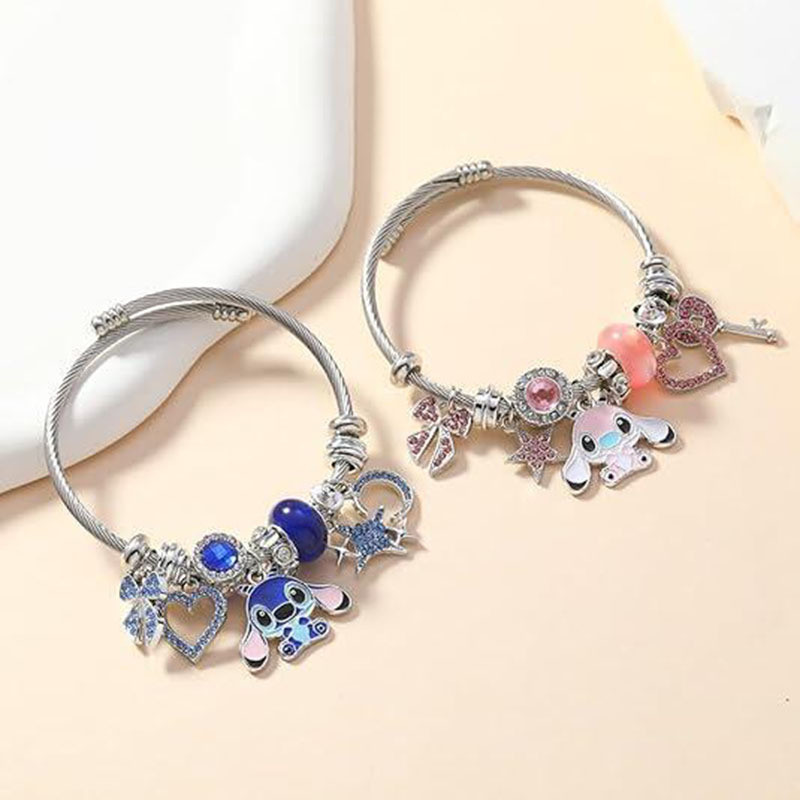 Pulseira Infantil Ajustável Pingentes Stitch Coração Estrela Charm Colorida Presente Menina Bijuteria