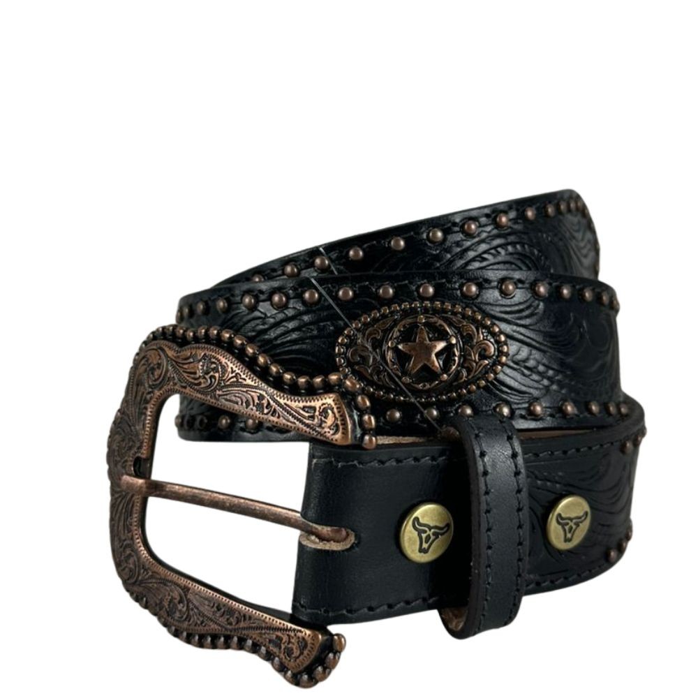 Cinto Masculino Paul Western Couro Preto Com Taxinhas E Medalhas Douradas E Fivela Entalhado Ramo Ref:353
