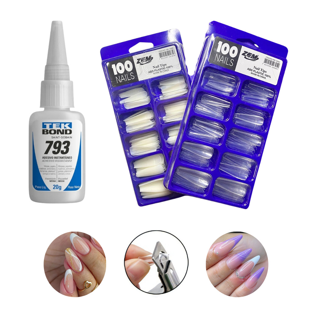 Kit 100 Unhas Postiças BAILARINAS Natural Realista + Cola Tek Bond 793 20g em Oferta na Shopee