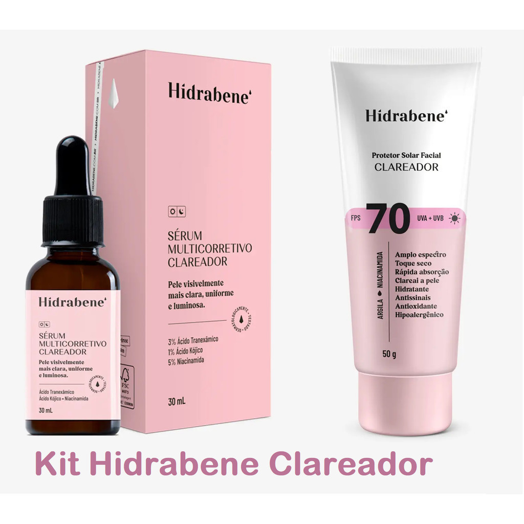 Kit Clareador de Manchas Faciais Hidrabene 1 Protetor Solar Facial 70 Clareador Hidrabene  + 1 Sérum Clareador Hidrabene