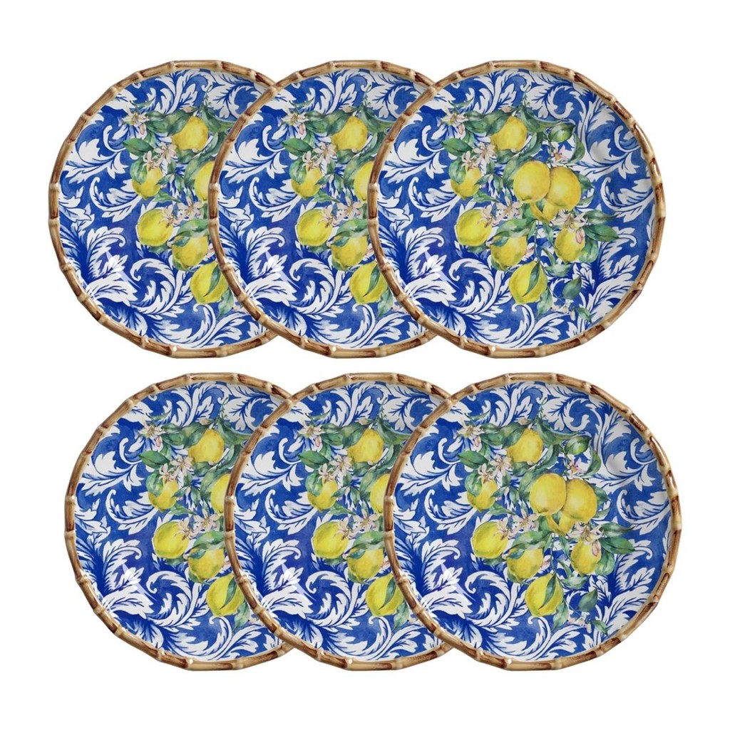Conjunto 6 Pratos de Sobremesa Doces Entrada Estampado Limoncello Azul Borda Bambu Maison Blanche