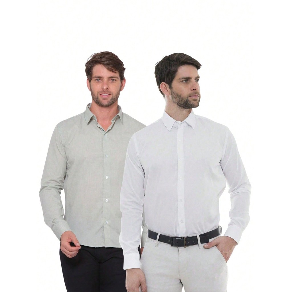 KIT Masculino 2 Peças - Camisa Social Masculina Premium Tipo Linho Oliva e Camisa Social Slim Manga Longa Branco