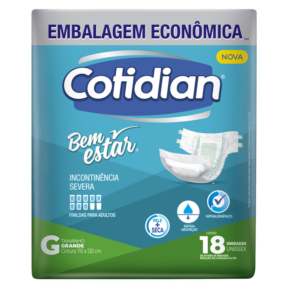 Fralda Geriátrica Cotidian Bem Estar Tamanho G 18 Unidades Descartáveis - Health