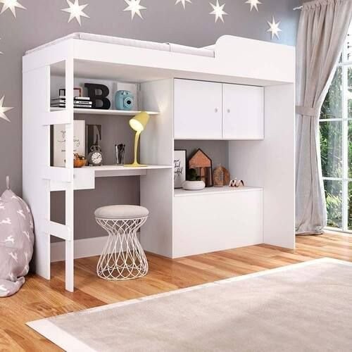 Cama Alta Solteiro Infantil/Juvenil Multifuncional com Baú E Estação De Trabalho 80 Lion  Branco