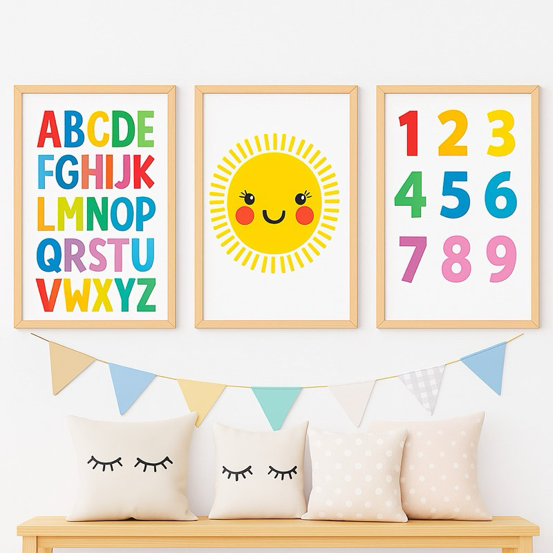 Kit 3 peças Quadros Decorativos  Sol e Alfabeto, Decoração Educativa ABC, Decoração para Berçário, Quarto Decoração