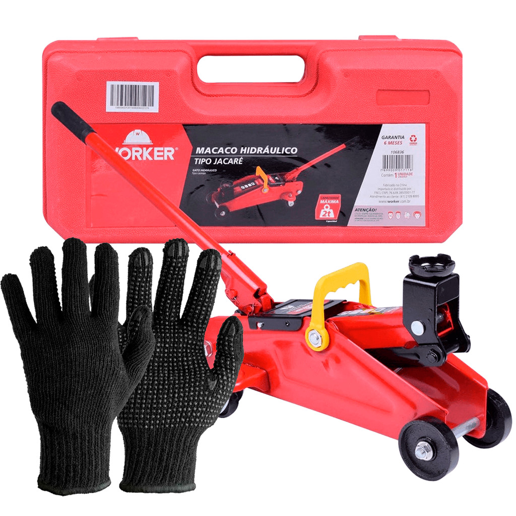 Kit Mecânico Profissional Macaco Hidráulico Jacaré 2T Eleva Car + Luva Pigmentada Antiderrapante em Oferta na Shopee