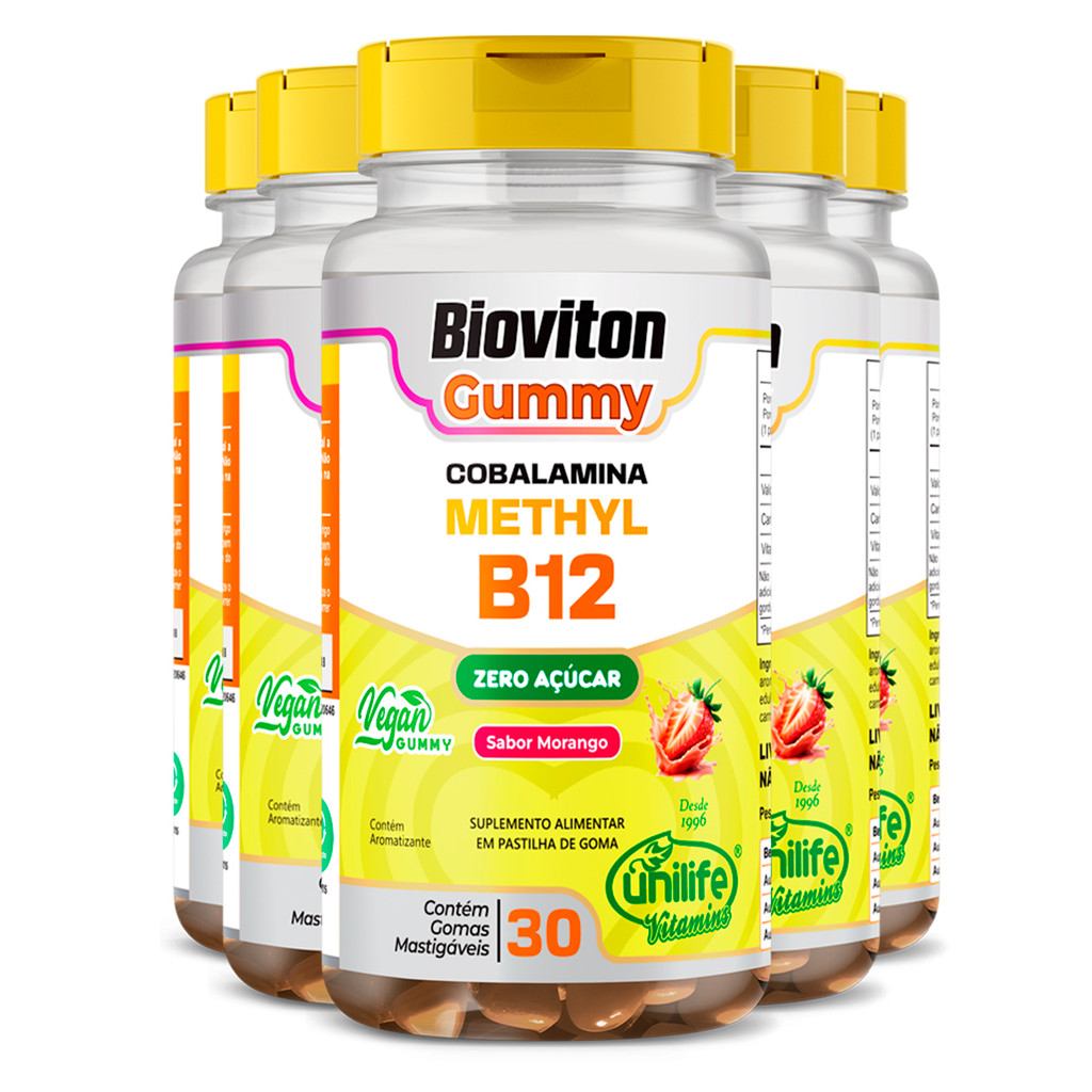 Kit 5 Gummy Vitamina B12 Methyl Unilife 30 gomas Morango