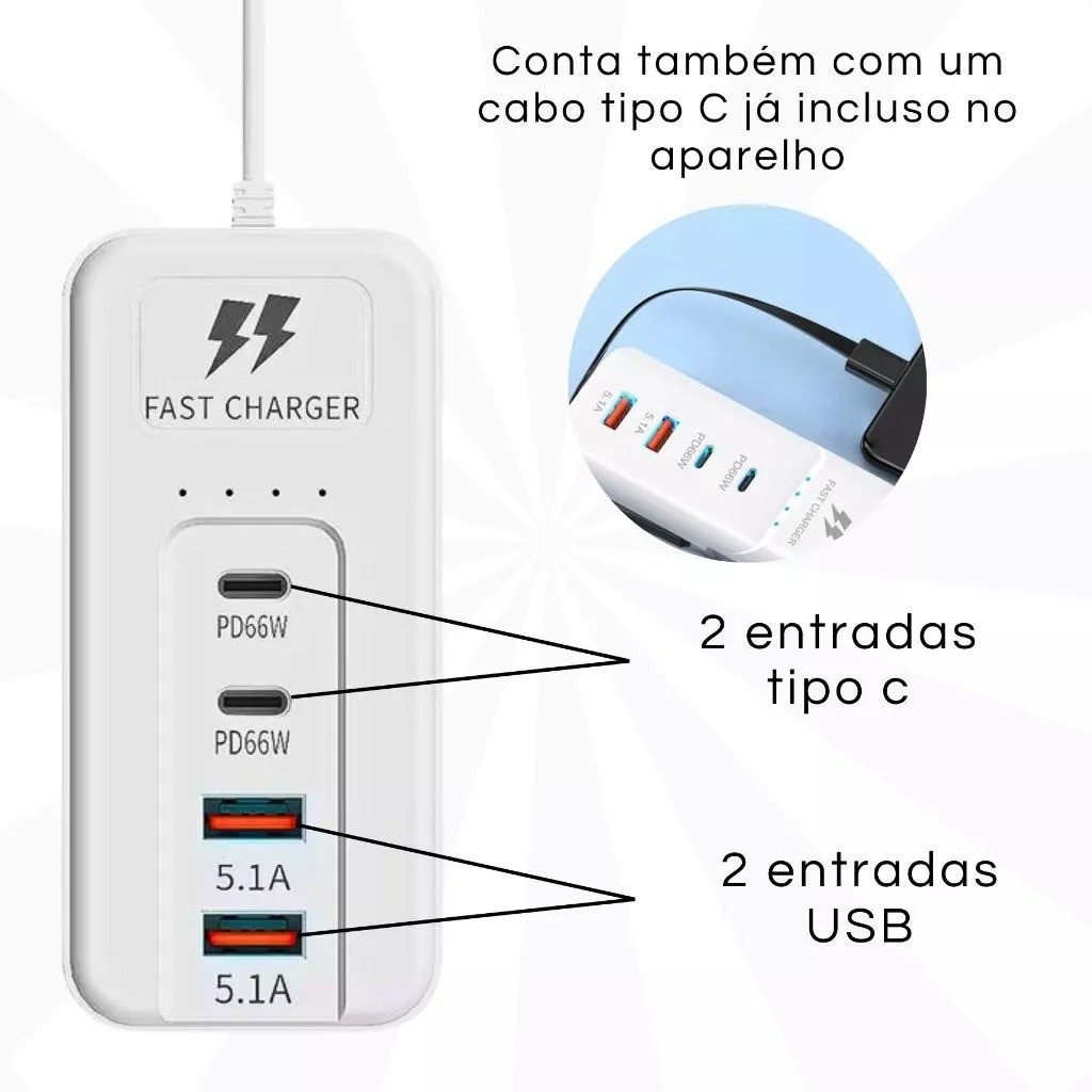 Carregador Multifuncional de 4 Portas 2 USB e 2 PD com Cabo de Extensão 1m e Tipo C - D.K.L em Oferta na Shopee