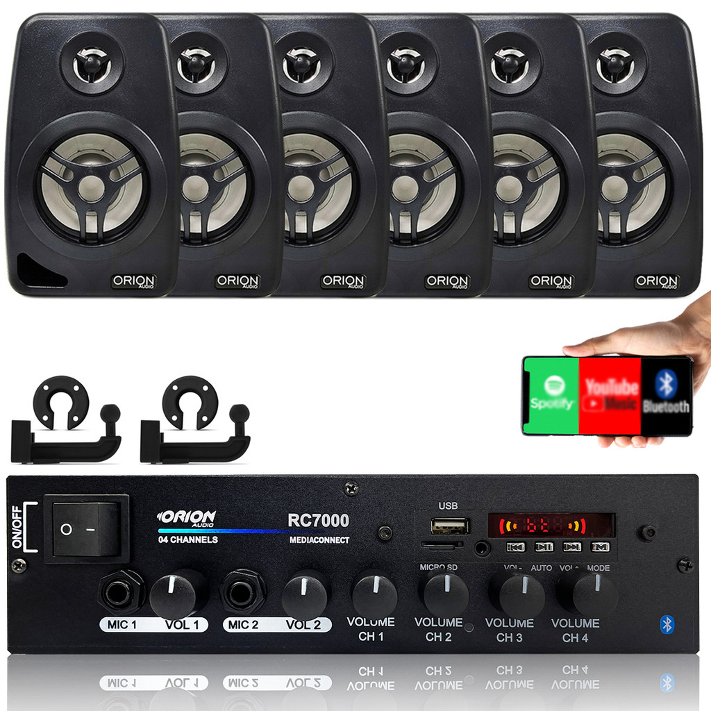 Kit Som Ambiente 500 Watts Bluetooth 6 Caixas Parede Preta Amplificador 120Wrms Usd Sd Aux Bivolt