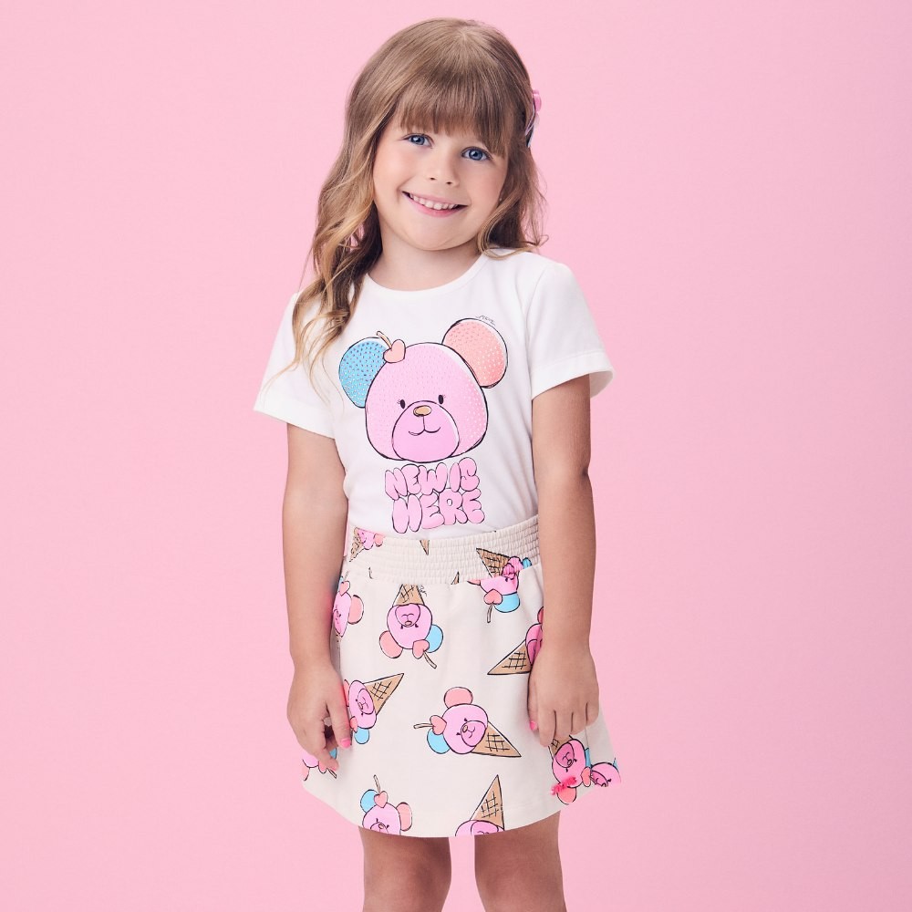 Conjunto Menina Momi Blusa Algodão e Short Saia Estampa Sorvete de Urso Off White