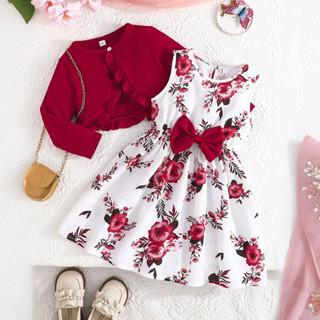 Vestidos Florais Para Meninas De 3 A 8 Anos , Casaco De Manga Comprida + Vestido Estampado Sem Mangas , 2 Peças , De Cer em Oferta na Shopee
