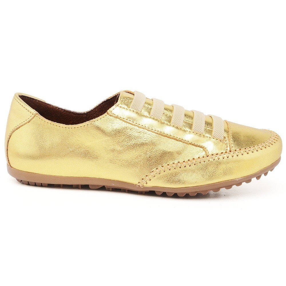 Tênis Sapatênis Casual Mocatênis Feminino Com Elástico Calce Fácil Em Couro Legítimo Dourado