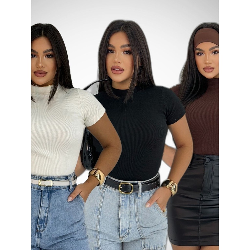 Camiseta Blusa Básica  Canelada Ribana Premium Casual Moda Gringa Gola Alta Promoção em Oferta na Shopee